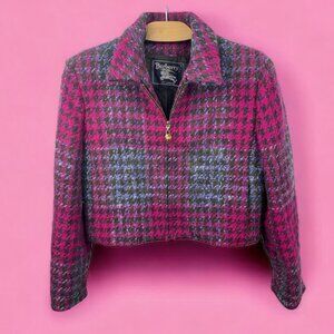 * BURBERRY Vintage Pink Tweed Wool Zip Front Cropped Jacket Size 8